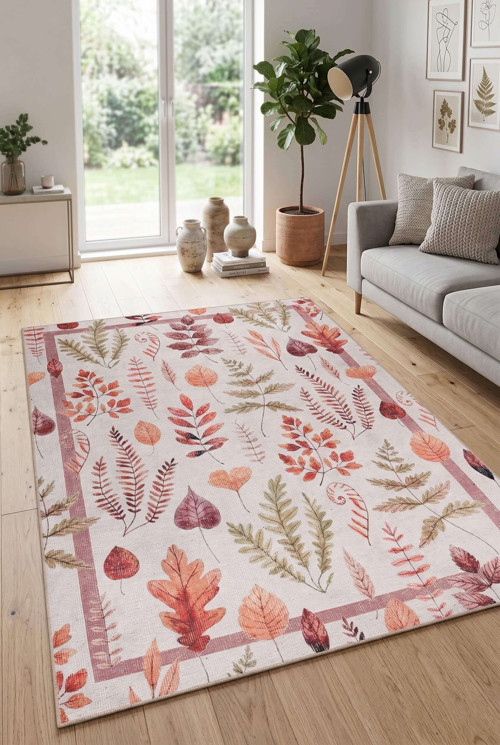 Florart Bej/ Kiremit Renkli Çiçek Desenli Dokuma Tabanlı Modern Şönil Halı Al 536