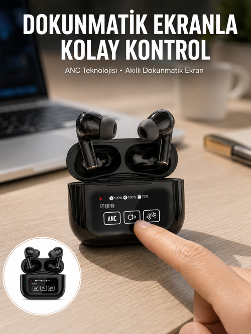 Yeni Nesil ANC Özellikli Çağrı Cevaplayan Dokunmatik Ekranlı Bluetooth Kulaklık Siyah Yeni Nes