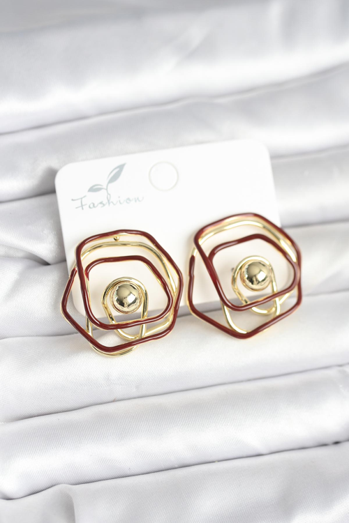 Pirinç Gold Renk Bordo Mineli Geometrik Gül Model Kadın Küpe 5886 - MZUIRG7034-3994