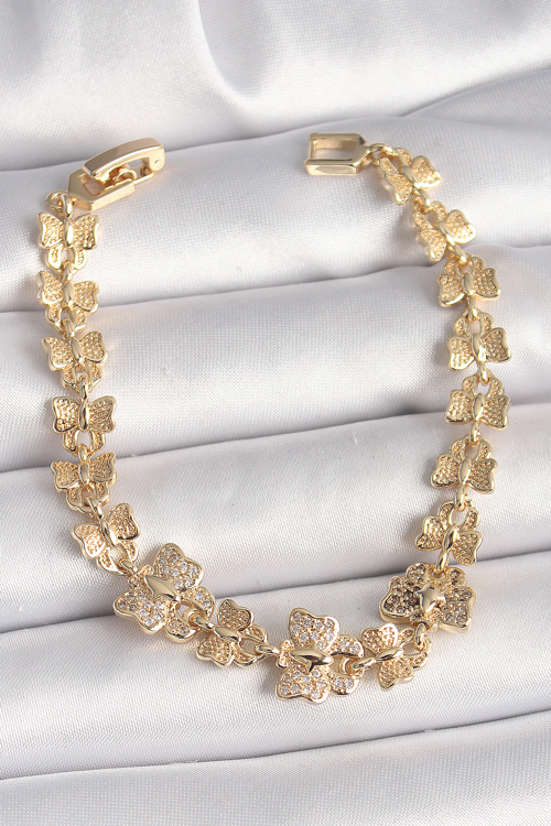 Pirinç Gold Renk Zirkon Taşlı Model Zincir Kadın Bileklik 5886 - MZUIRG7865-8768