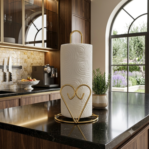 Kalp Detaylı Gold Metal Kağıt Havluluk - Tezgah Üstü - Mutfak/Banyo