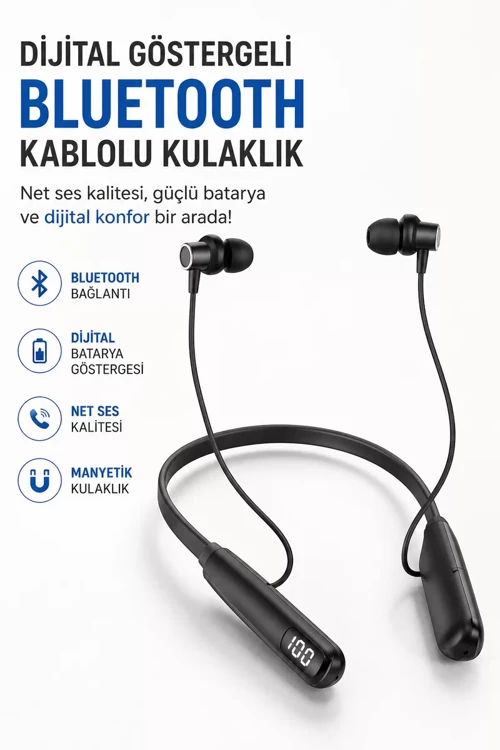 Dijital Batarya Göstergeli Bluetooth Özellikli Boyun Askılı Kulaklık - Kesintisiz Müzik ve Telefon Deneyimi