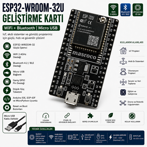 -32U Wi-Fi & Bluetooth Geliştirme Modülü (Siyah PCB – SMA – U.FL/IPEX Dönüştürücü + USB Kablo Dahil)