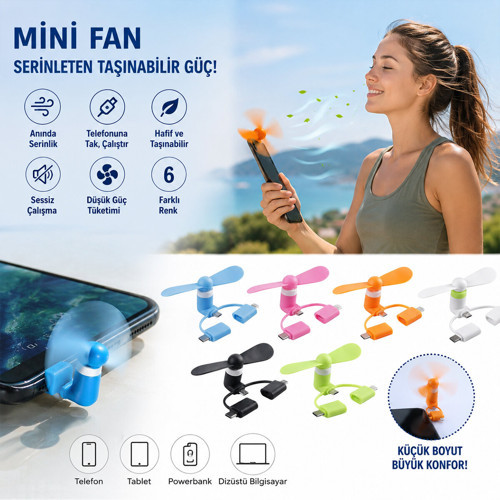 Taşınabilir Usb Mini Fan - Type-C ve Lighting Girişli Pervane - Cep Telefonu Tablet Pc Powerbank