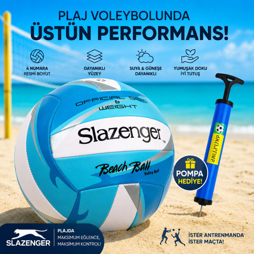 Slazenger 4 Numara Plaj Voleybol Topu + Pompa Hediyeli Resmi Boyut ve Ağırlık