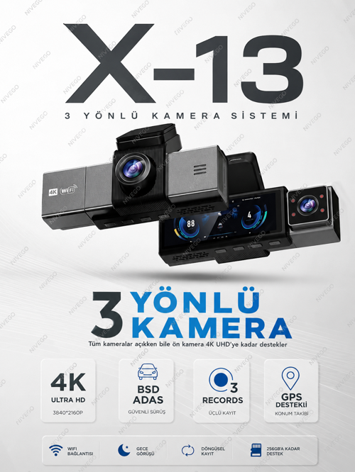 Dxtl X-13 4K 3 Kameralı Araç Içi Kamera 3.2 İnç Ekran Wifi Adas Bsd G-Sensör Park Modu