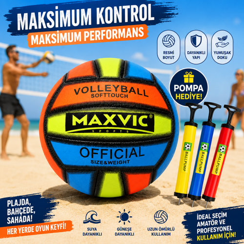 Official Soft Touch Voleybol Topu + Pompa Hediyeli Resmi Boyut ve Ağırlık Dayanıklı Dikişli Voleybol Topu