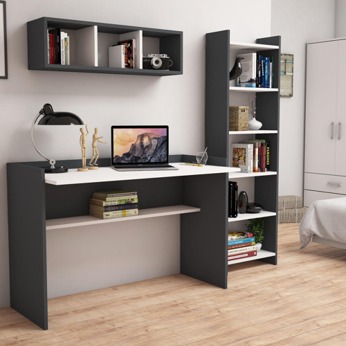U7030 Hürrem Kitaplık ve Raflı Çalışma Masası Antrasit/Beyaz