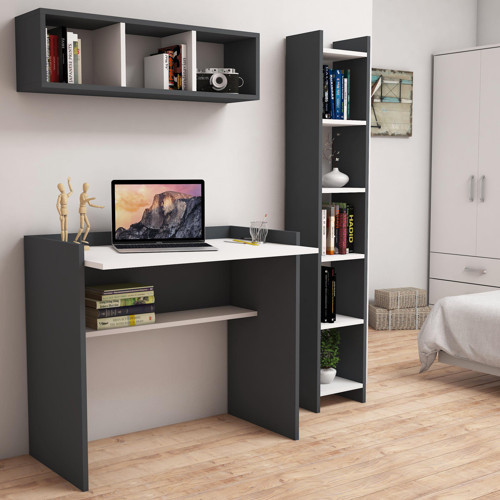 U1030 Nurbanu Kitaplık ve Raflı Çalışma Masası Antrasit/Beyaz