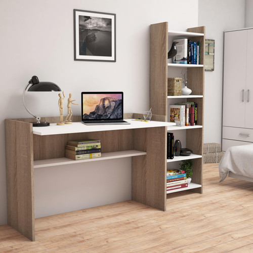 T7020 Mahpeyker Kitaplık ve Çalışma Masası Ceviz/Beyaz