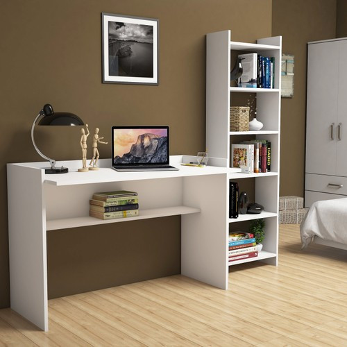 Mahpeyker Beyaz Çalışma Masası Kitaplıklı 118 cm T7040