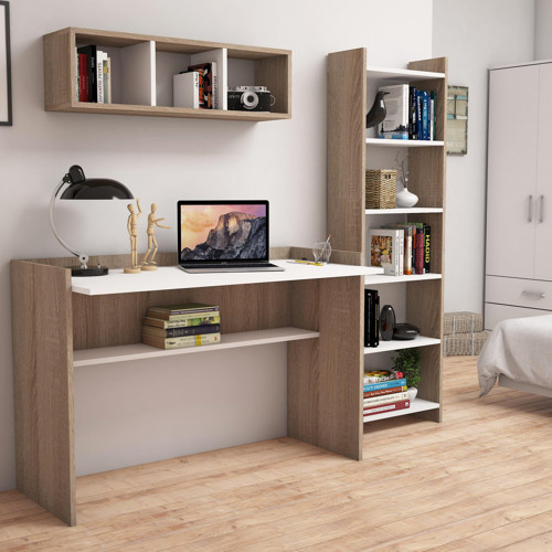 U7020 Hürrem Kitaplık ve Raflı Çalışma Masası Ceviz/Beyaz