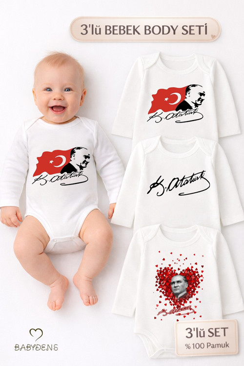 Atatürk Temalı 3’Lü Bebek Body Seti | %100 Pamuk | Uzun Kollu Çıtçıtlı Zıbın Body