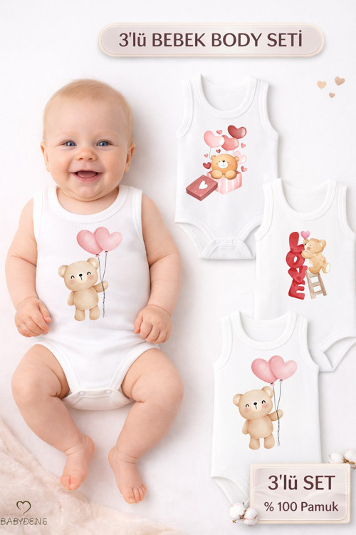 3’lü Bebek Body Seti %100 Pamuk Ayıcık Desenli Bebek Body Kolsuz Çıtçıtlı Zıbın