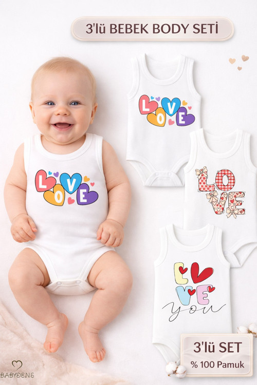 3’lü Bebek Body Seti %100 Pamuk | Love Baskılı Atlet Body | Yenidoğan & Bebek İç Giyim | 0-24 Ay
