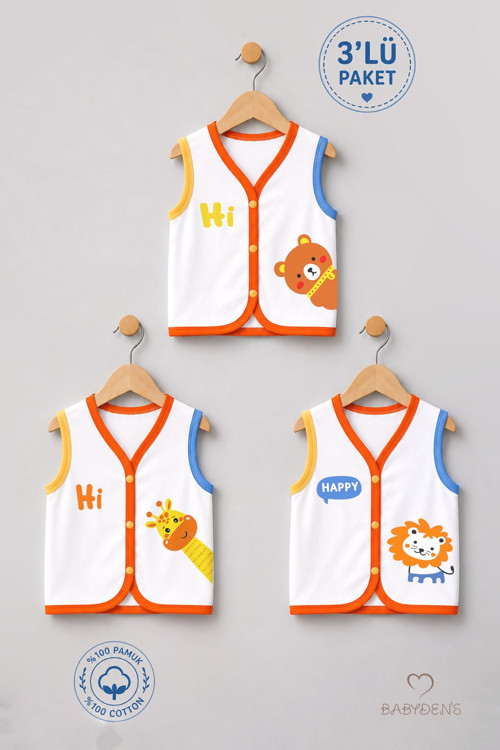 3'lü Bebek Yeleği %100 Pamuk Çıtçıtlı Mevsimlik Yenidoğan Bebek Yelek Seti Safari Baskılı Unisex 0-9 Ay