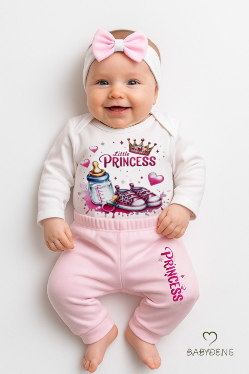 Little Princess 3’lü Kız Bebek Takımı Uzun Kollu Pamuklu Body,Pembe Pantolon ve Fiyonk Bandana Seti