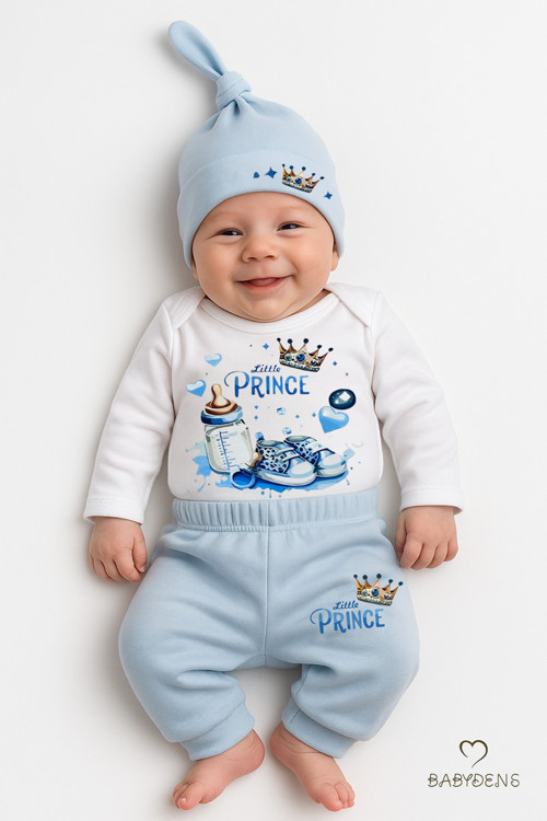 Little Prince 3’lü Erkek Bebek Takımı – Uzun Kollu %100 Pamuk Body, Pantolon ve Şapka Seti Mavi