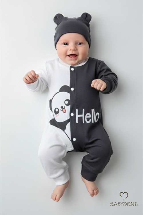 Panda Baskılı Bebek Tulum & Şapka Seti,Renk Bloklu,Çıtçıtlı Uzun Kollu Yenidoğan Tulumu ,%100 Pamuk