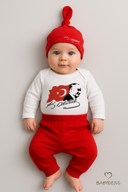 Atatürk Baskılı 3’Lü Bebek Takımı %100 Pamuk Uzun Kollu Çıtçıtlı Body Pantolon Şapka Yenidoğan Seti