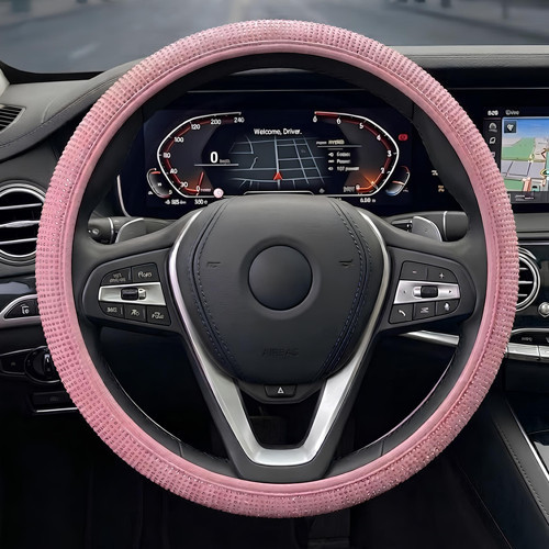 Universal Pembe Taşlı Direksiyon Kılıfı Lüks Tasarım 37-38 cm