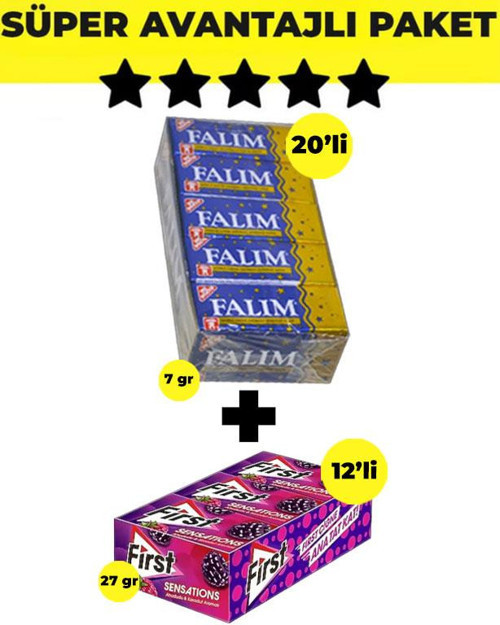 Damla Aromalı Sakız (5'li x 20 Adet)- First Sensations Ahududu ve Karadut Aromalı Sakız (27gr x 12 Adet)