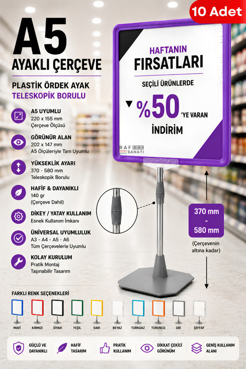 10 Adet - A5 Ayaklı Çerçeve Seti Plastik Ördek Ayak Teleskopik Borulu Fiyat Etiketliği Yönlendirme Levhası Menü Panosu Mor