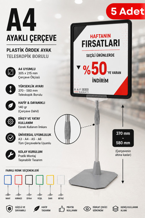 5 Adet - A4 Ayaklı Fiyat Etiketlik Teleskopik Borulu Çerçeve Etiketlik Yönlendirme Levhası Menü Panosu Siyah