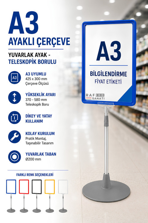 A3 Ayaklı Çerçeve Seti Yuvarlak Tabanlı Teleskopik Fiyat Etiketi Standı Mavi