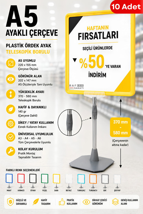 10 Adet - A5 Ayaklı Çerçeve Seti Plastik Ördek Ayak Teleskopik Borulu Fiyat Etiketliği Yönlendirme Levhası Menü Panosu Sarı