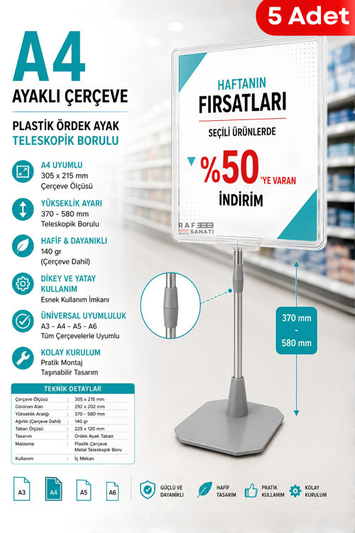 5 Adet - A4 Ayaklı Fiyat Etiketlik Teleskopik Borulu Çerçeve Etiketlik Yönlendirme Levhası Menü Panosu Şeffaf