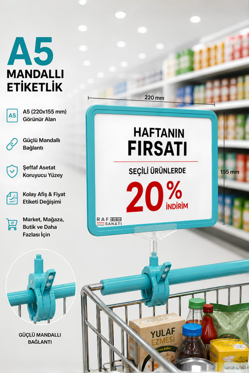 A5 Mandallı Etiketlik | Fiyatlık Sepet Raf Askılık Fiyat Etiketi Çerçeveli Market Mağaza Turkuaz