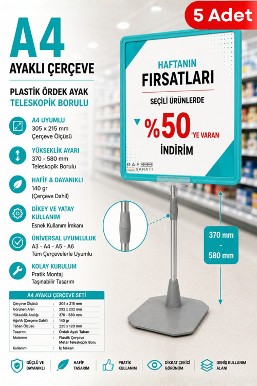 5 Adet - A4 Ayaklı Fiyat Etiketlik Teleskopik Borulu Çerçeve Etiketlik Yönlendirme Levhası Menü Panosu Turkuaz