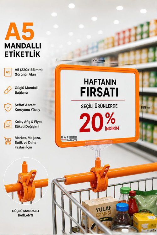 A5 Mandallı Etiketlik | Fiyatlık Sepet Raf Askılık Fiyat Etiketi Çerçeveli Market Mağaza Turuncu