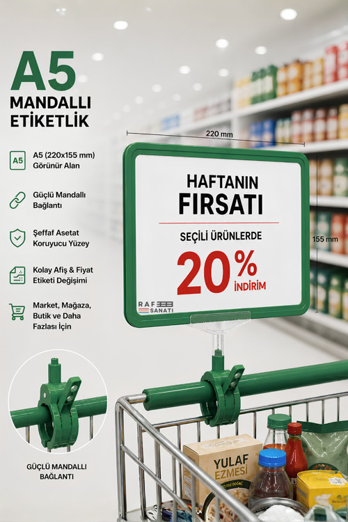 A5 Mandallı Etiketlik | Fiyatlık Sepet Raf Askılık Fiyat Etiketi Çerçeveli Market Mağaza Yeşil