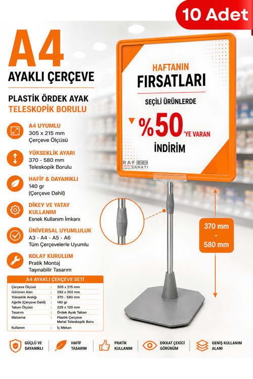 10 Adet - A4 Ayaklı Fiyat Etiketlik Teleskopik Borulu Çerçeve Etiketlik Yönlendirme Levhası Menü Panosu Turuncu