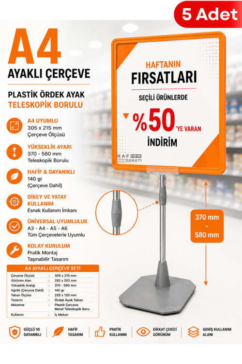 5 Adet - A4 Ayaklı Fiyat Etiketlik Teleskopik Borulu Çerçeve Etiketlik Yönlendirme Levhası Menü Panosu Turuncu