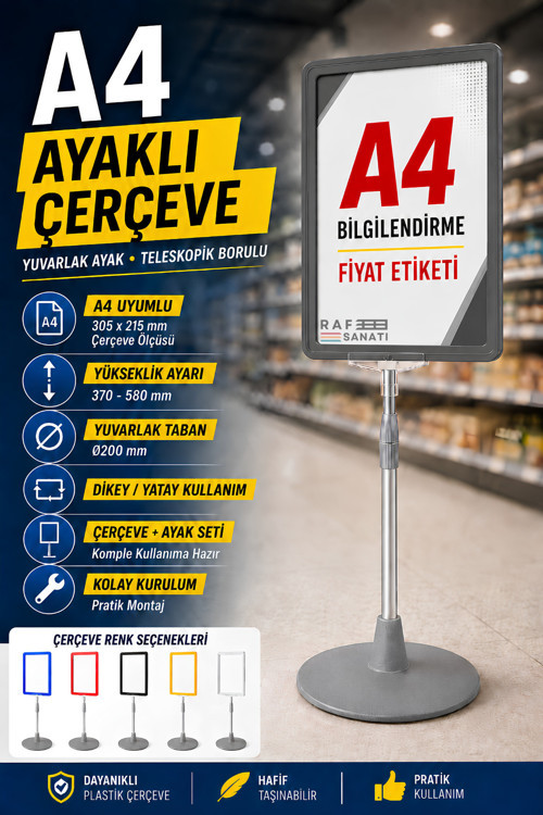 A4 Ayaklı Çerçeve Seti Yuvarlak Tabanlı Teleskopik Fiyat Etiketi Standı Gri