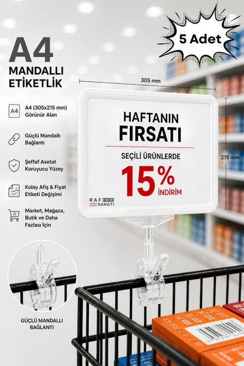 5 Adet - A4 Mandallı Fiyatlık | Etiketlik Sepet Raf Askılık Fiyat Etiketi Çerçeveli Market Mağaza Beyaz