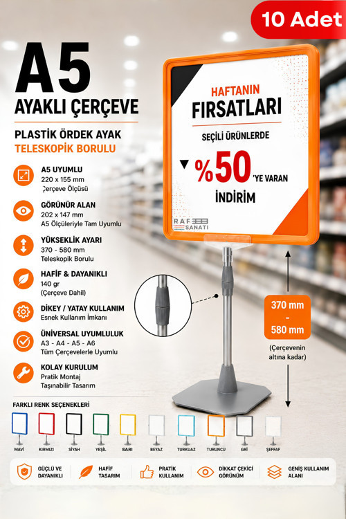 10 Adet - A5 Ayaklı Çerçeve Seti Plastik Ördek Ayak Teleskopik Borulu Fiyat Etiketliği Yönlendirme Levhası Menü Panosu Turuncu
