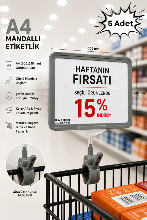 5 Adet - A4 Mandallı Fiyatlık | Etiketlik Sepet Raf Askılık Fiyat Etiketi Çerçeveli Market Mağaza Gri