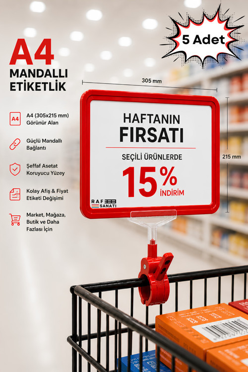 5 Adet - A4 Mandallı Fiyatlık | Etiketlik Sepet Raf Askılık Fiyat Etiketi Çerçeveli Market Mağaza Kırmızı