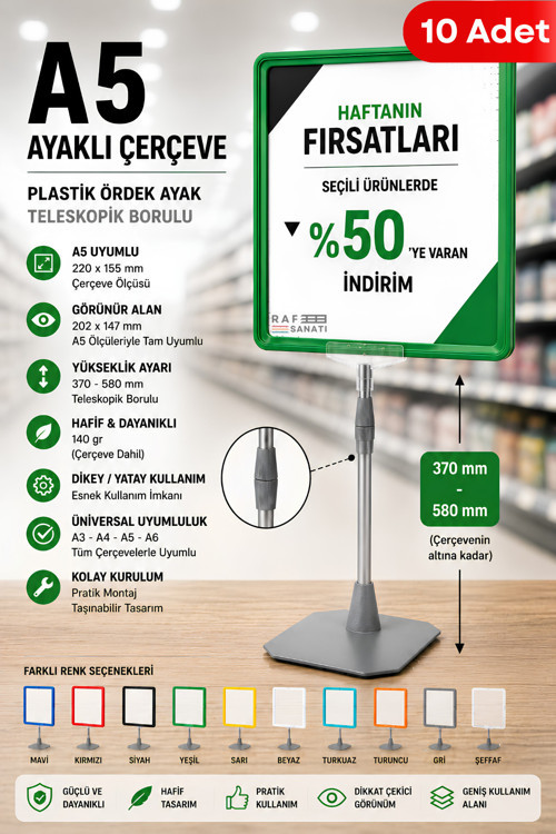 10 Adet - A5 Ayaklı Çerçeve Seti Plastik Ördek Ayak Teleskopik Borulu Fiyat Etiketliği Yönlendirme Levhası Menü Panosu Yeşil