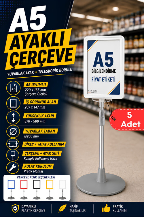 5 Adet - A5 Ayaklı Menü ve Fiyat Bilgi Standı Yuvarlak Tabanlı Teleskopik Çerçeve Etiketlik Beyaz