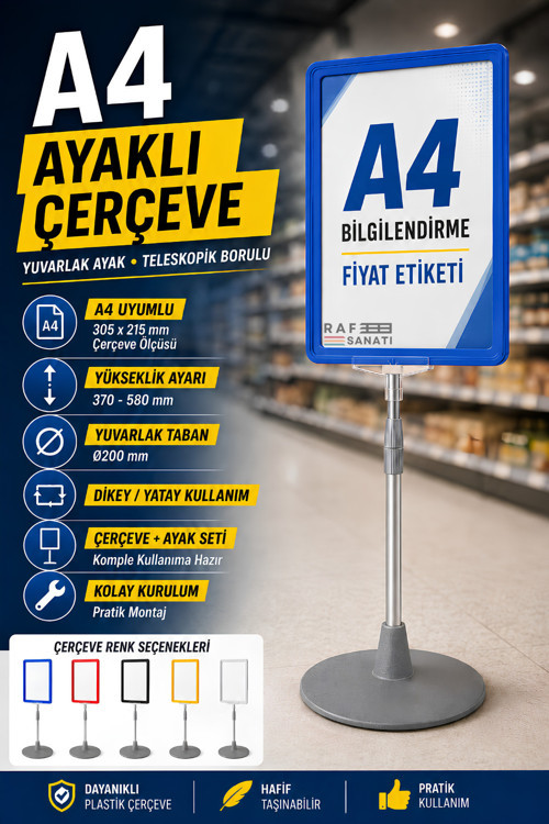 A4 Ayaklı Çerçeve Seti Yuvarlak Tabanlı Teleskopik Fiyat Etiketi Standı Mavi