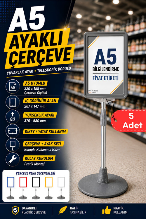 5 Adet - A5 Ayaklı Menü ve Fiyat Bilgi Standı Yuvarlak Tabanlı Teleskopik Çerçeve Etiketlik Gri