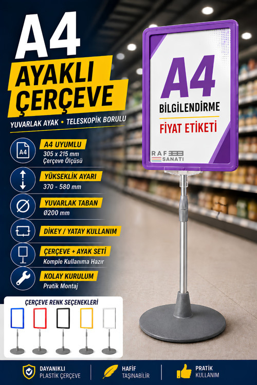 A4 Ayaklı Çerçeve Seti Yuvarlak Tabanlı Teleskopik Fiyat Etiketi Standı Mor