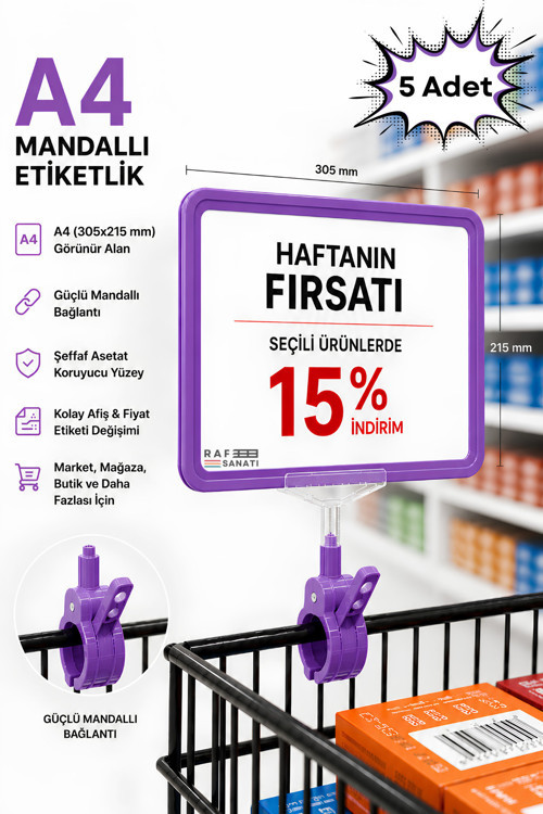 5 Adet - A4 Mandallı Fiyatlık | Etiketlik Sepet Raf Askılık Fiyat Etiketi Çerçeveli Market Mağaza Mor