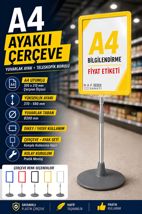 A4 Ayaklı Çerçeve Seti Yuvarlak Tabanlı Teleskopik Fiyat Etiketi Standı Sarı