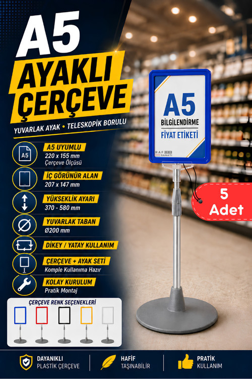 5 Adet - A5 Ayaklı Menü ve Fiyat Bilgi Standı Yuvarlak Tabanlı Teleskopik Çerçeve Etiketlik Mavi